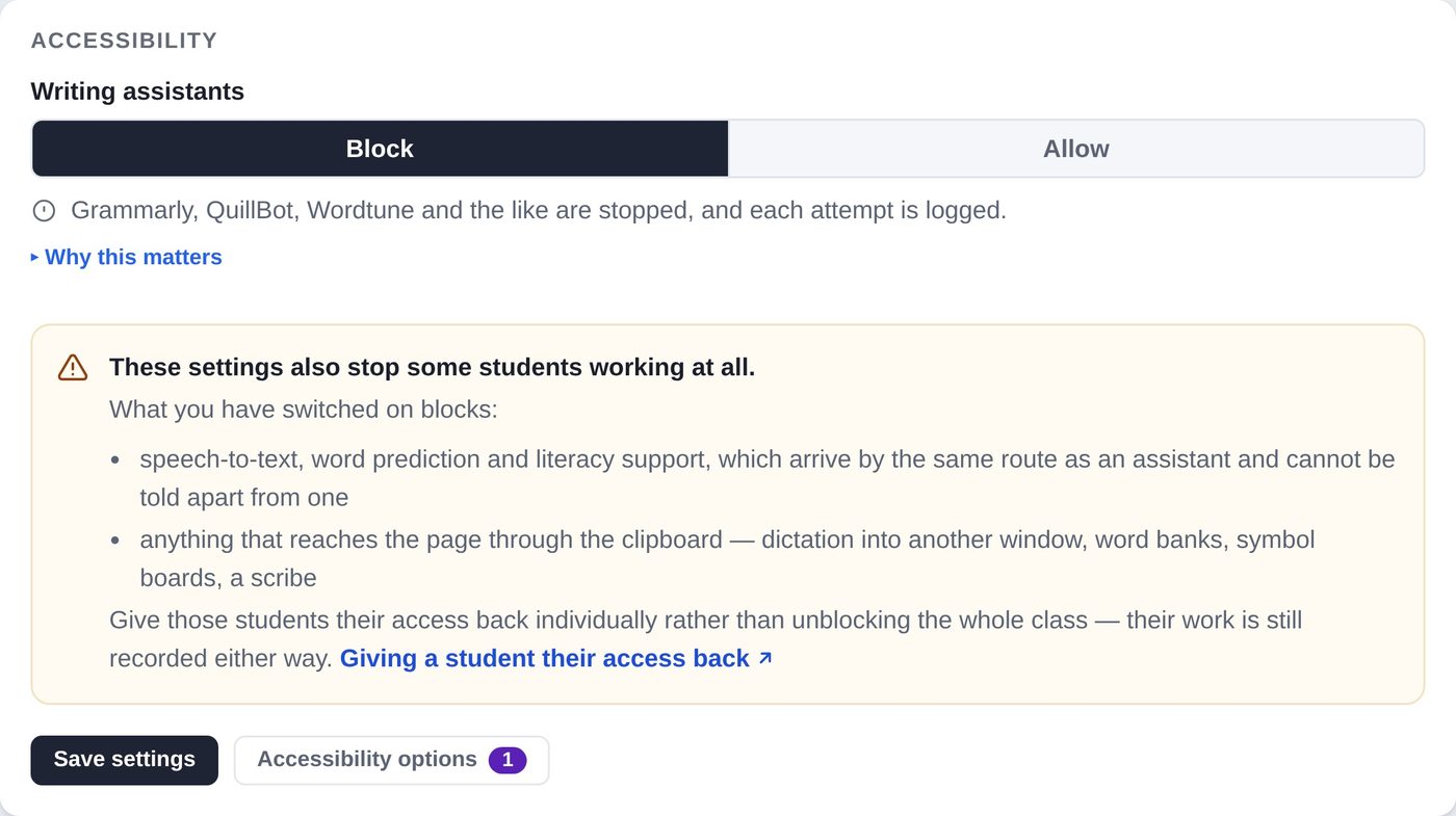 The Writing assistants setting in Task setup, with Block selected