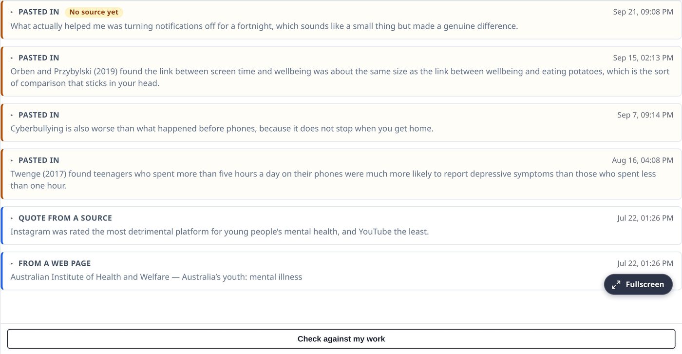 Journal entries: pasted passages awaiting a source, a quote from a source, and a web page